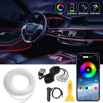 12V RGB Auto Interjera Dekori Atmosfēras Optisko Šķiedru Neona EL Vadu Sloksnes LED Light Guide ar App Kontroles DIY Mūzikas 6M 5 Kontrolieri