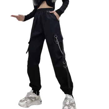 2022 Jaunā Sieviešu Kravas Bikses Harēma Bikses Punk Modes Kabatas Jogger Bikses ar Ķēdi Gumijas Augsta Vidukļa Streetwear