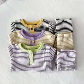2022. gada Rudenī Jaunu Toddler Svītrainām garām Piedurknēm T-krekls, Uzvalks Meiteni Zīdainis, Līmēšana Krāsu Topi+Bikses 2pcs Set Baby Kokvilnas Homewear komplekts