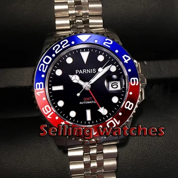 40mm PARNIS black dial bezel Safīra stikls, datums GMT automātiskā mens watch