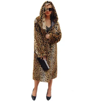 7XL Rudens un ziemas jaunas dāmas kažoku modes Kapuci leopard garš mētelis zaudēt siltu Mākslīgās kažokādas jaka A1936