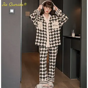 Argyle Modelis Elegants Sieviešu Sleepwear Rudens Kokvilnas Kimono Stila Jaciņa Sieviete Pidžamas Komplekts Modes V-Veida Kakla Jaunā Dāma Pijamas