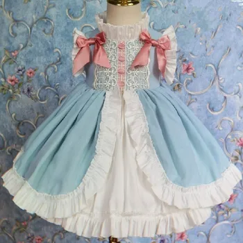 Baby girl vasaras vintage spāņu Turcija lolita loku princese kleita bērnu kokvilnas, linu mežģīņu izšūšanas bumbu kleita puse kleita
