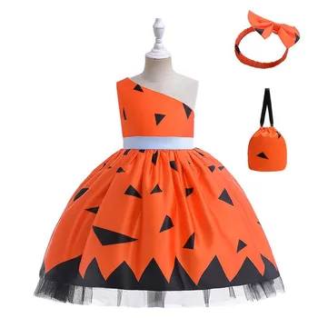 Bērniem Cosplay Tērpu, Masku Karnevāls Apelsīnu Smieklīgi Izdrukāt Princese Kleita Baby Girl Apģērbu ar Galvu Maisā Halloween Puse