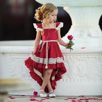 Bērniem Meitene Sarkanā Nelegālo Saskaņotas Kleitas Meitenēm Dzimšanas dienas svinības Kleitu Bērniem Mežģīnes Lidot Piedurknēm Ruffles Gara Kleita Drēbes ir 2021.