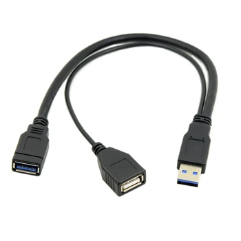 Cablecc Black USB 3.0 Vīriešu Dual USB Sieviešu Papildu Jaudu Datu Y pagarinātāja Vads 2,5