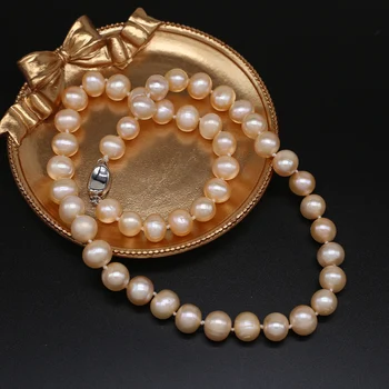Dabiskā Saldūdens Pērļu Kaklarota Apaļas Pērles Dzeltena Pērle Sievietēm Meitene Šarmu Rotaslietas Kāzu Dāvanu 43-45cm