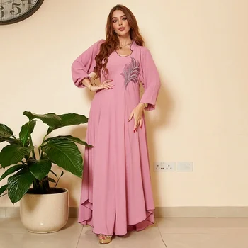 Elegants Ilgi Maxi Kleita Sieviešu Modes Apkalpes Kakla Kroku Drēbes Appliques Asimetrisko Hem Gadījuma Zaudēt Dāmas Kleitas Ramadan
