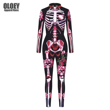 Galvaskausa Ziedi Skelets 3D Iespiesti Jumpsuit Pieaugušo Grupa Lomu Spēlēt Halloween Cosplay Kostīms Sievietēm, Vīriešiem Saspringts Bodycon Slim Bodysuit