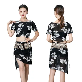 Jaunu Ziedu Raksts, Melnās Sievietes Vēdera Dejas, Apģērbu Mūsdienu Austrumu Korejas Dancewear Top Un Gurnu Lakatu Uzvalks