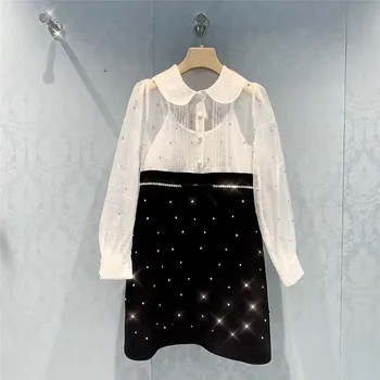 Korejas Modes Apģērbu 2021. Gada Pavasara Rudens Elegants Dimantu Organza ar garām Piedurknēm-line Mini Kleitas, Sieviešu Drēbes Femme