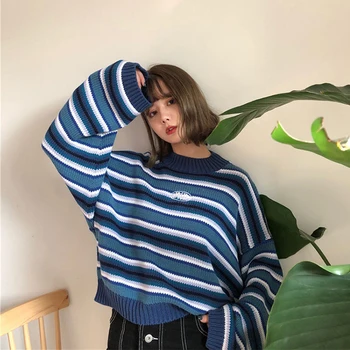 Korejiešu versija zaudēt Sieviešu džemperis ir 2021. ziemas slinks džemperis meitene studentu bieza svītrains džemperis mētelis Sieviešu džemperis y2k