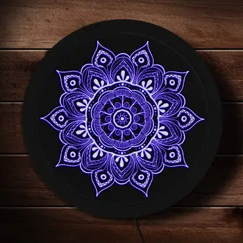 Lotosa Ziedu Aplis Nomierinoša LED Gaisma Jogas Studija Ziedu Mandala Spritual Ģeometrisko Modeli, Multi-krāsu Sienas Karājas Neona Zīme
