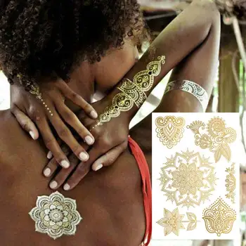 Metāla Pagaidu Tetovējumiem Mandala Hennas Tetovējumu Uzlīmes Rokās Zelta Viltus Tetovējums Sievietēm Henna Dizaina Uzlīmes Ūdensizturīgs