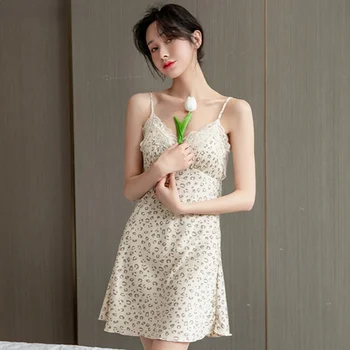Nightgowns Sieviešu Leopard Mežģīņu Mini Lounge Guļ Sieviete Sexy Modes Korejiešu Stilā, Bez Piedurknēm Spageti Siksnas Vasaras Sleepwear