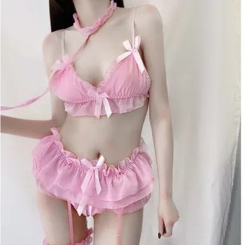 Sexy kostīmi, apakšveļa, sieviešu Sexy kārdinājumam Princese mežģīņu Prievīte trīs punktu uzvalks cute rozā meitene mikro bikini