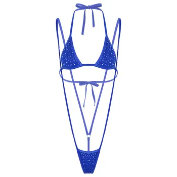 Sieviešu Sexy Apakšveļa Bikini Komplekts ar Erotisku un Seksīgu Bikini, Peldkostīmi, Spīguļi, Rhinestone Pavada Kakla Krūšturis ar G-string Mežģīnes-up Peldkostīms