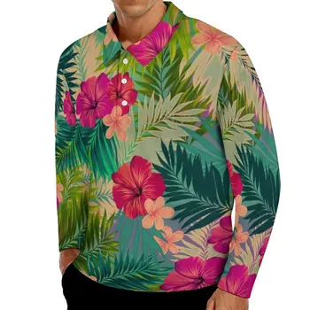 Sunset Beach Gadījuma T-Krekli Cilvēks Tropu Ziedu Drukāt Garām Piedurknēm Polo Krekls Ar Apkakli Modes Ikdienas Rakstu Krekls Lielā Izmēra