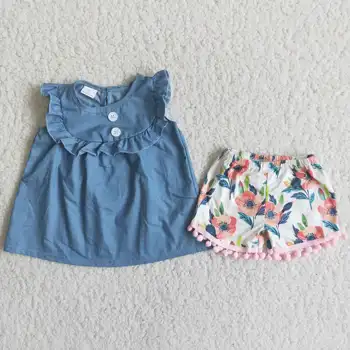 Vasaras 2gab Bērnu Meitene Apģērbs, Audumi Top Ziedu Bikses Ar Pompon Bērniem, Veikals Apģērbi