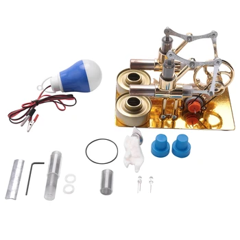 Zelta Dubultā Cilindru Stirling Dzinējs Modelis Spuldzes Ārējo Sadegšanas Siltuma Tvaika Varu Fizikas Zinātne Eksperiments Motoru